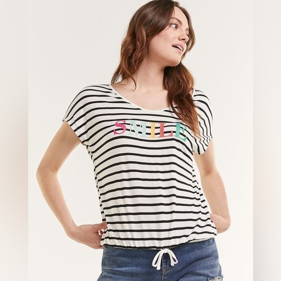 Reitmans White Marshmallow Striped Short Sleeve Tie Front T-Shirt Size XL - Picture 2 of 16